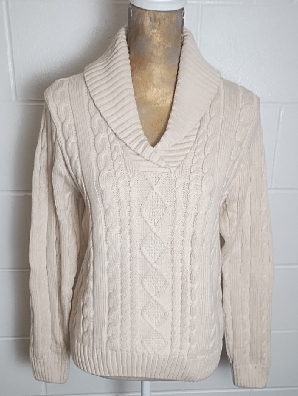 JEANNE PIERRE Natural Cream Cotton Fishermans Cable Knit  Sweater